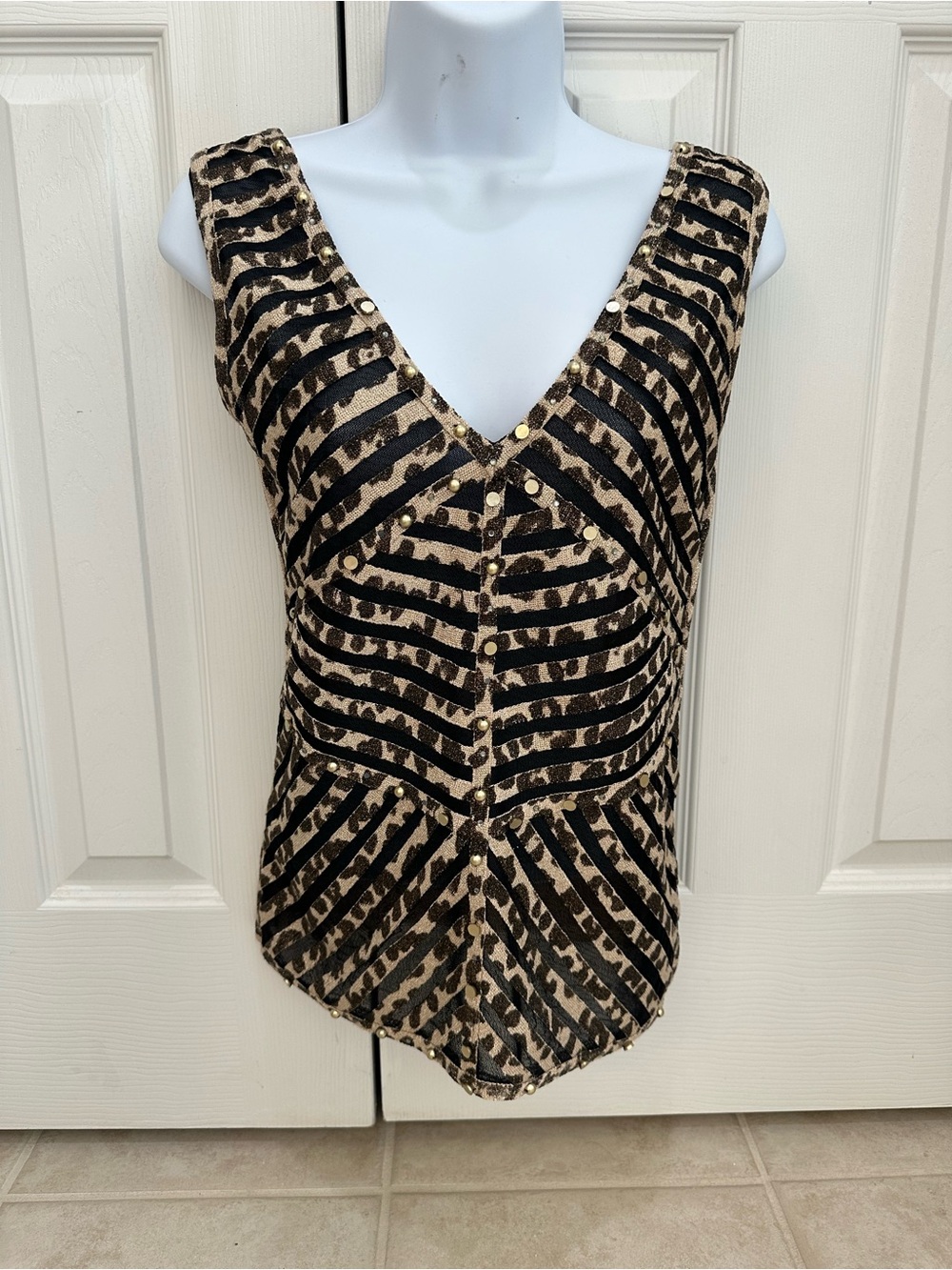 Sleeveless V-Neck Leopard Stripe  Top - Black and Tan with gold accents
